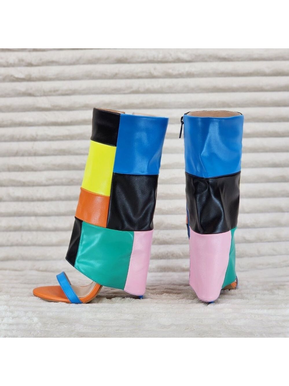 Paris Color Block Stiletto Fold Over Skirted Shootie Boot Sandals - Picture 6 of 15